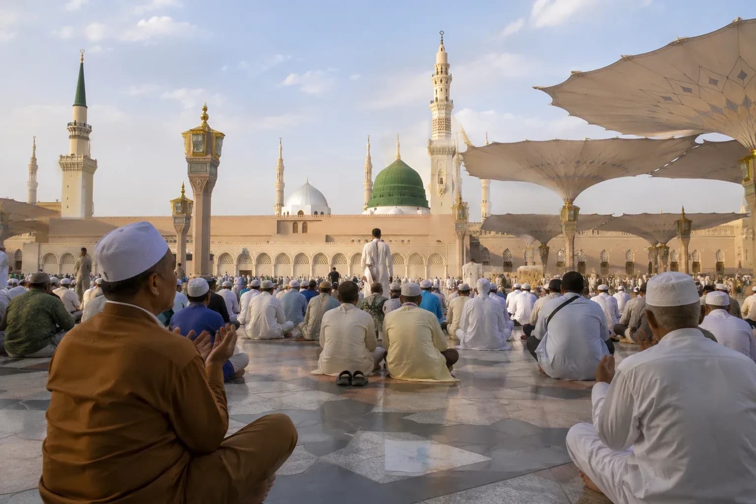 Pilgrims at Masjid an-Nabawi Madinah — short Hajj vs long Hajj packages 2027 comparison