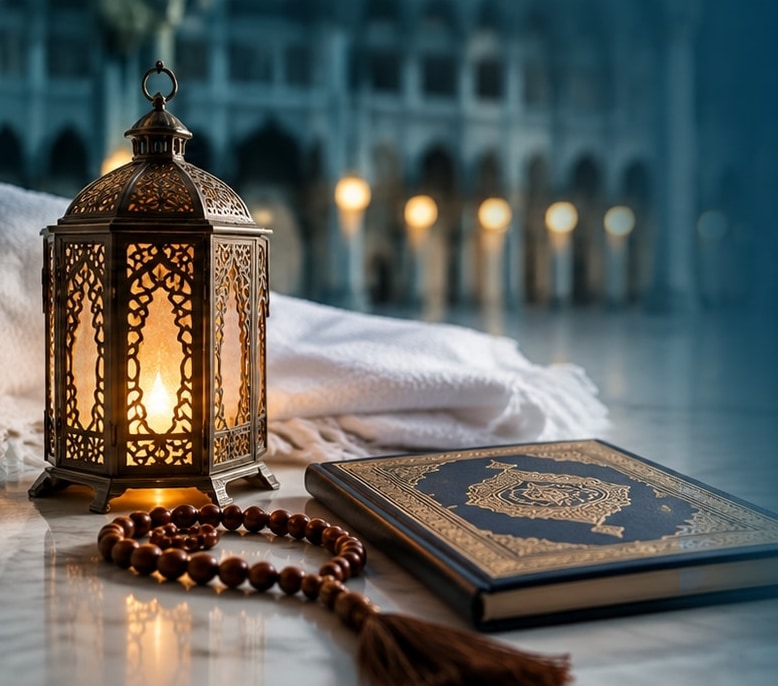 A lantern, prayer beads and a Qur’an on marble