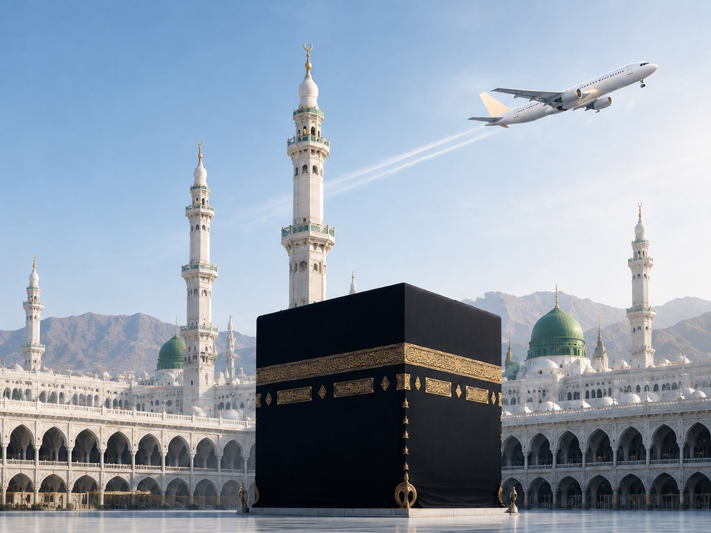 The Kaaba at Masjid al-Haram, with an aircraft climbing overhead